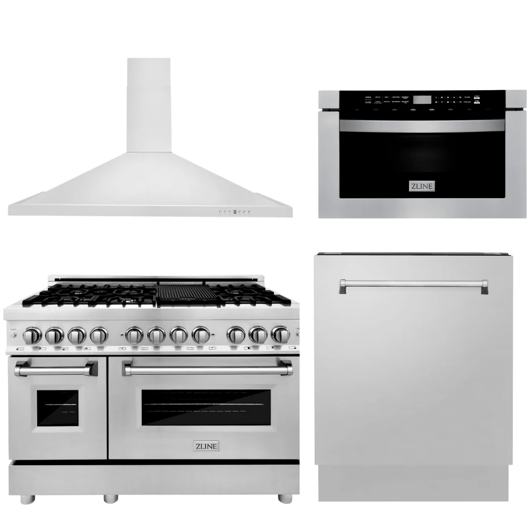 ZLINE Appliance Package - 48 In. Dual Fuel Range, Range Hood, Microwave Drawer, 3 Rack Dishwasher, 4KP-RARH48-MWDWV - Inhomebuy