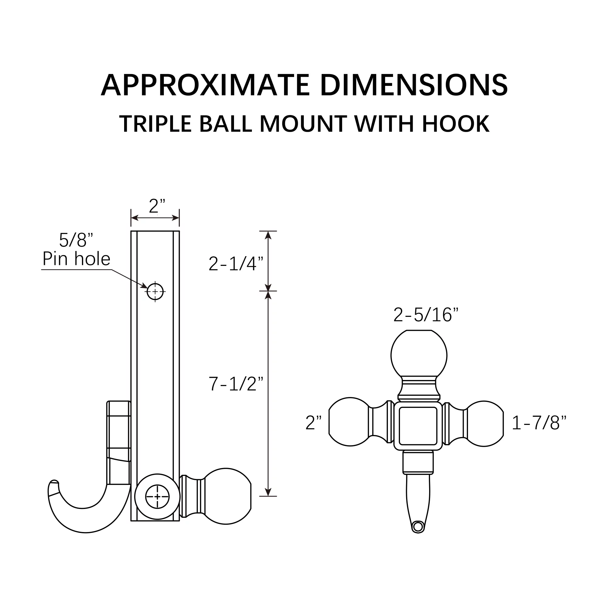 Hyper Tough Automotive Tri-Ball Mount with Hook, Steel, Class V, 1-7/8
