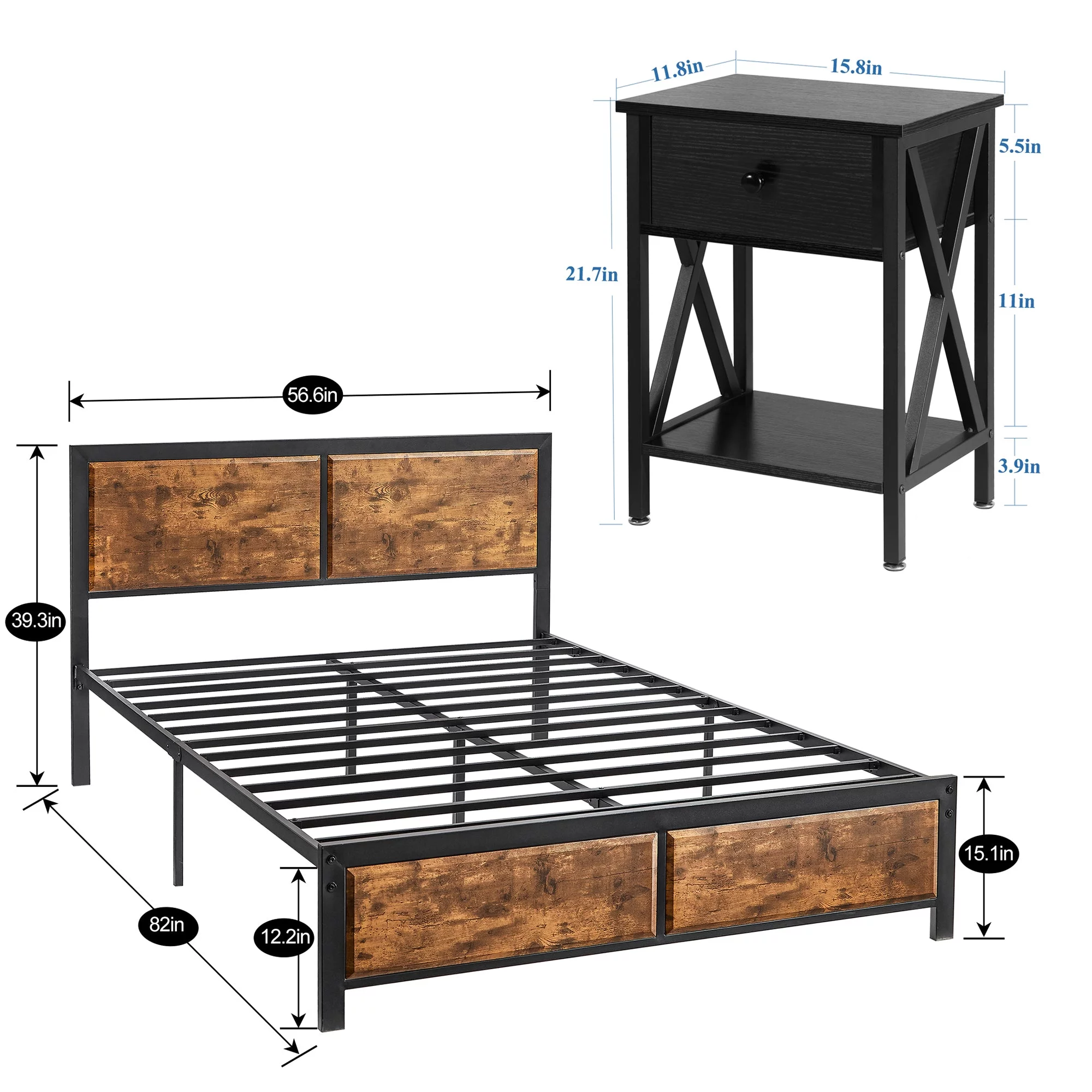 VECELO 3-Piece Bedroom Set with Queen Size Bed Frame and 1-Drawer Brown Nightstands - Inhomebuy