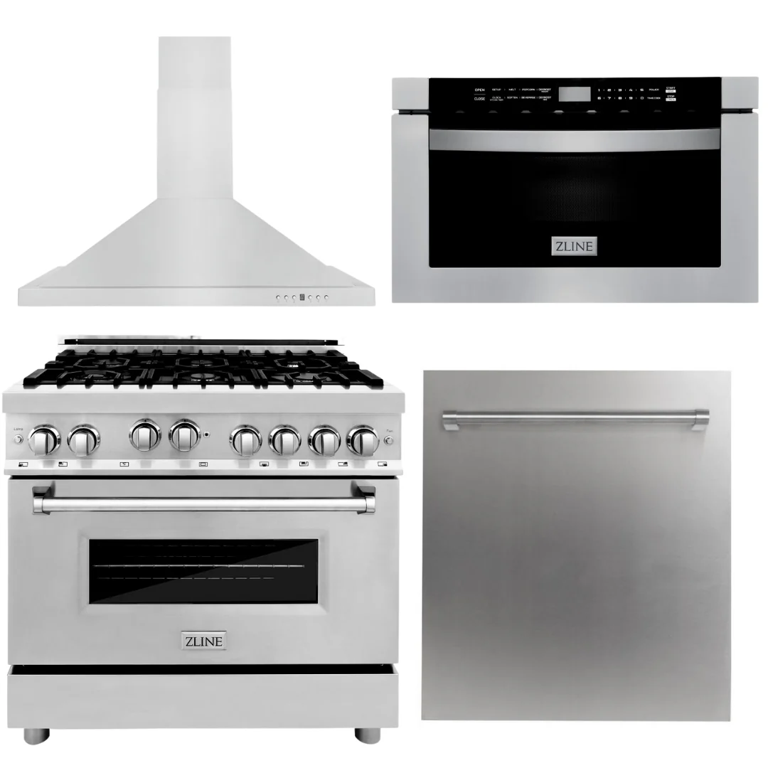 ZLINE Appliance Package - 36 in. Gas Range, Range Hood, Microwave Drawer, Dishwasher, 4KP-RGRH36-MWDW - Inhomebuy