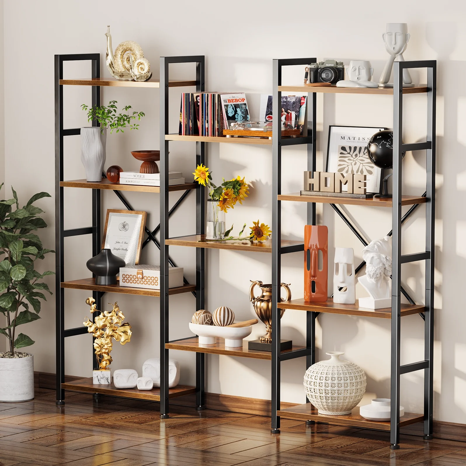 SUPERJARE Triple 4 Tier Bookshelf, Bookcase with 11 Open Display Shelves, Industrial Metal Wide Book Shelf Book Case for Living Room, Rustic Brown - Inhomebuy