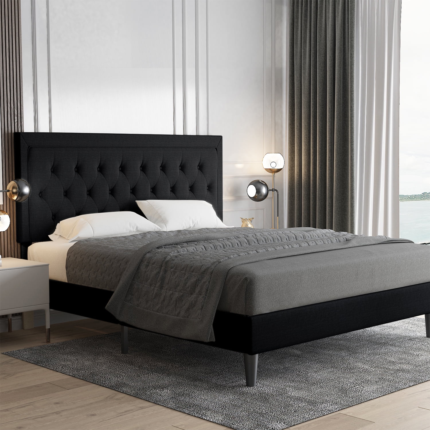 Allewie Queen Size Bed Frame Upholstered Platform Bed with Adjustable Headboard, Box Spring not Needed, Dark Grey - Inhomebuy