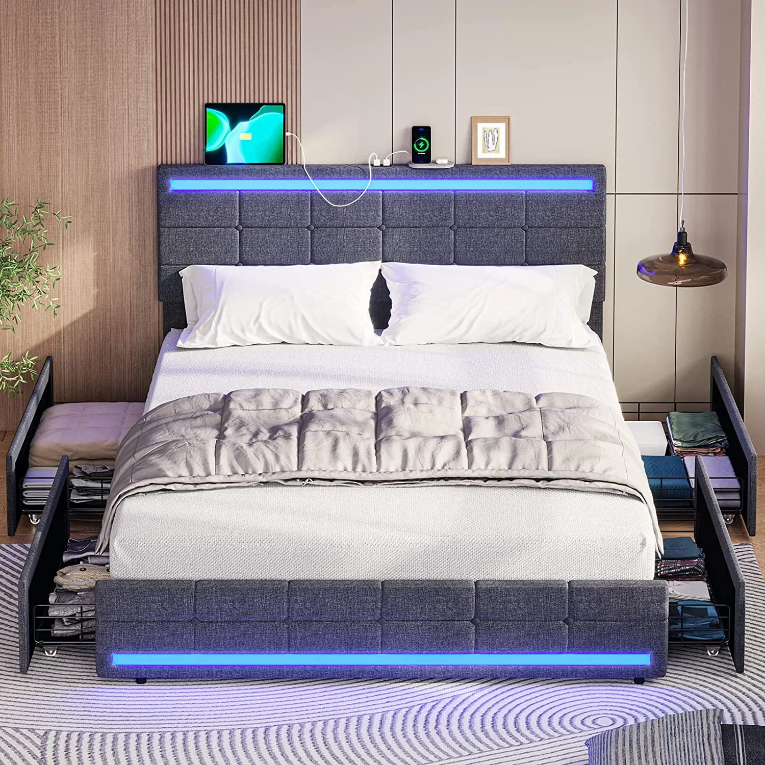 Afuhokles LED Bed Frame King Size with 2 USB Ports, Platform Bed Frame with LED Headboard and Footboard, Storage Drawers, No Box Spring Needed, White - Inhomebuy