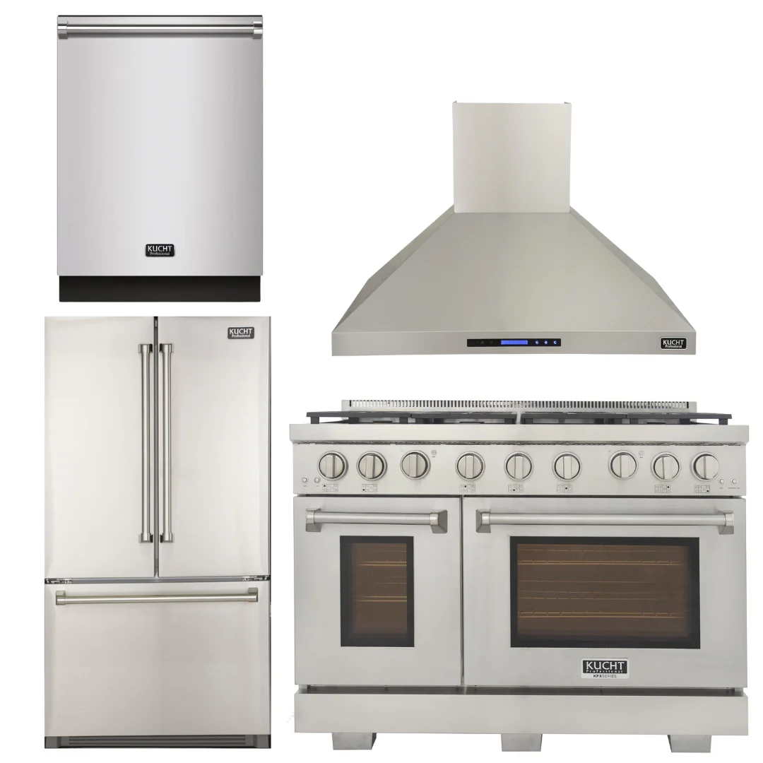 Kucht Appliance Package - 48 inch Natural Gas Range in Stainless Steel, Wall Range Hood, Refrigerator, Dishwasher, AP-KFX480-5 - Inhomebuy