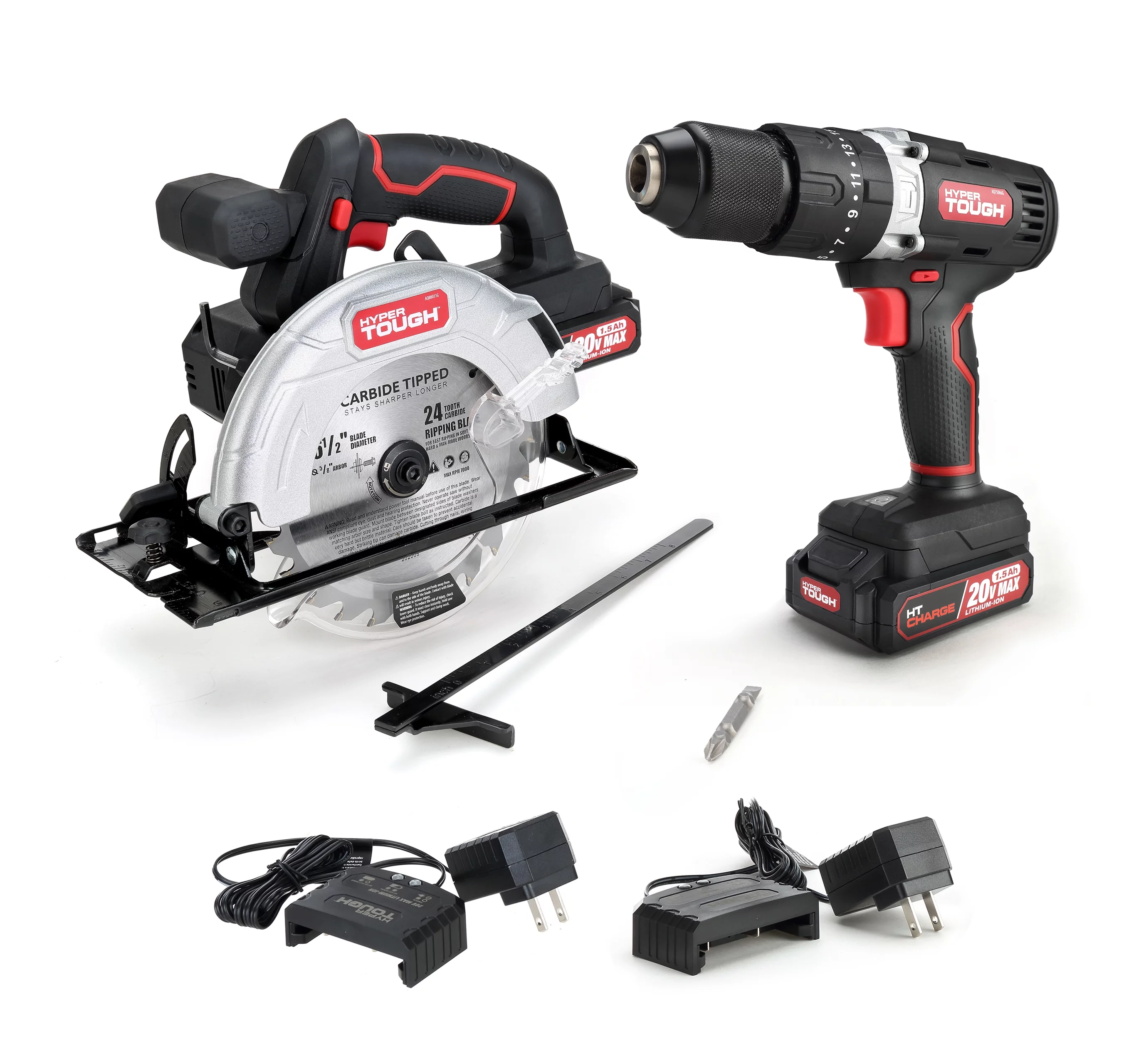 Hyper Tough 20V Cordless 1/2” 2-Speed Hammer Drill & Circular Saw Bundle, (2) 1.5Ah Lithium-Ion Batteries & (2) Chargers - Inhomebuy