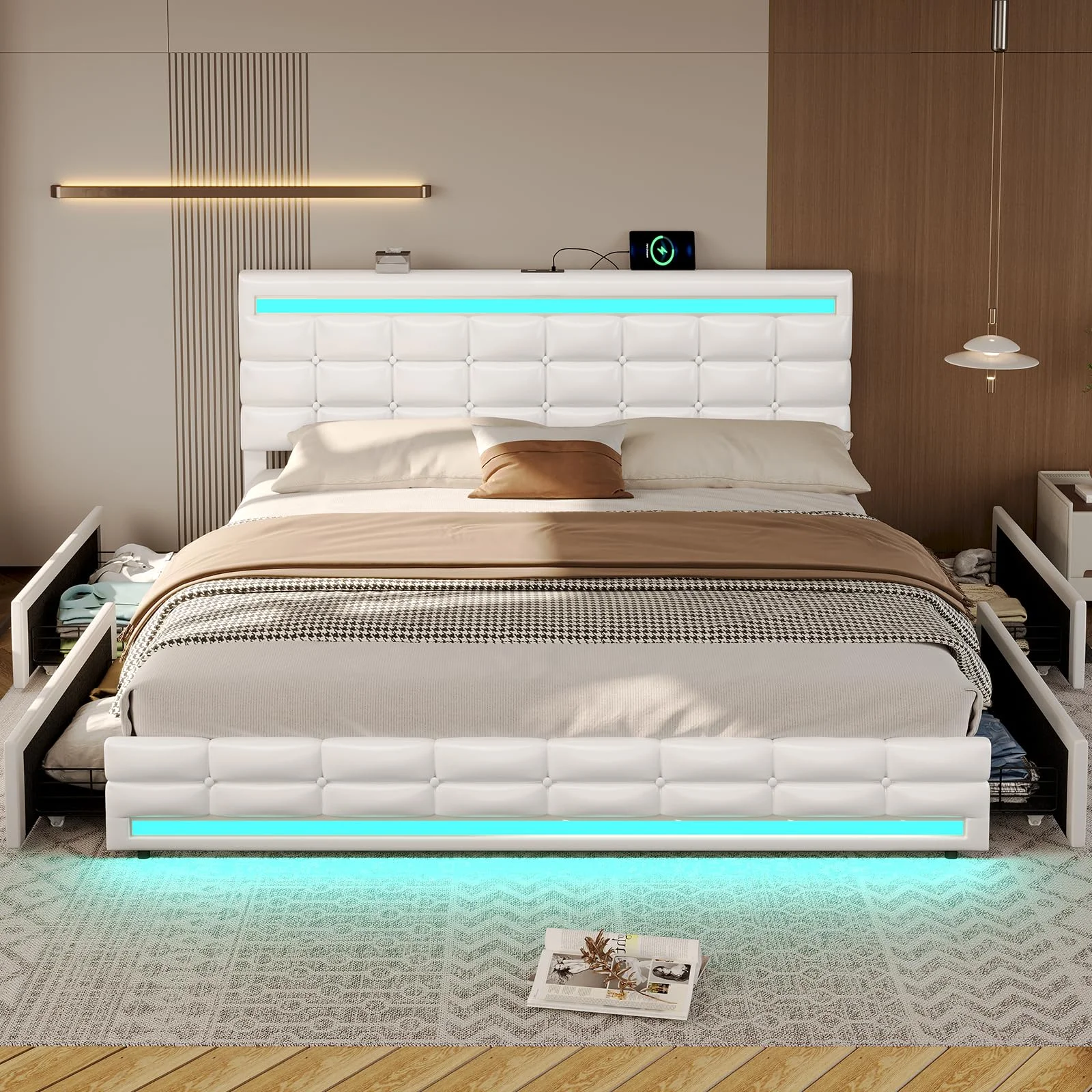 Afuhokles LED Bed Frame King Size with 2 USB Ports, Platform Bed Frame with LED Headboard and Footboard, Storage Drawers, No Box Spring Needed, White - Inhomebuy