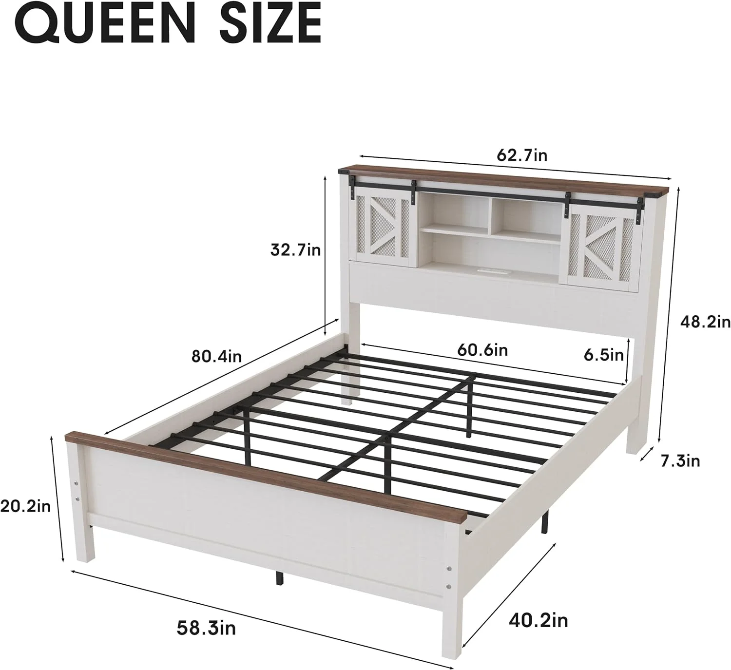 Vabches LED Queen Size Metal Bed Frame, Headboard with Charging Station and Storage, No Box Spring Needed, Farmhouse, White - Inhomebuy