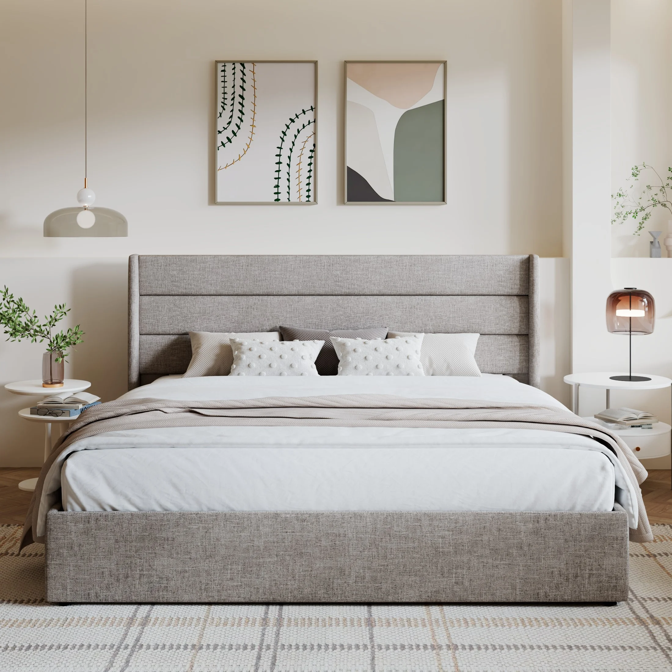 Amolife King Size Upholstered Lift up Storage Platform Bed Frame with Channel Wingback Headboard, Beige, Adult - Inhomebuy