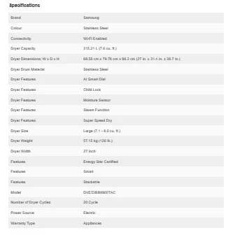 SAMSUNG BESPOKE 27 IN. 7.6 CU. FT STAINLESS STEEL ELECTRIC DRYER WITH STEAM SANITIZE+ - DVE53BB8900T - Inhomebuy