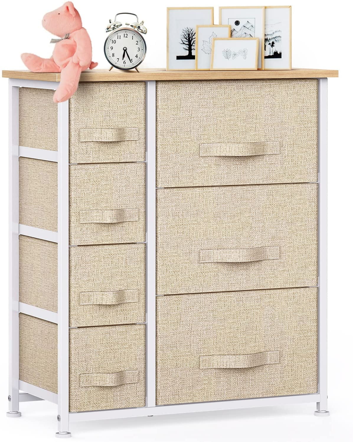 7 Drawer Fabric Dresser Wide Storage Tower with Wood Top Organizer Unit for Closet, Hallway, Entryway, Nursery Room, Bedroom, Living Room - Inhomebuy