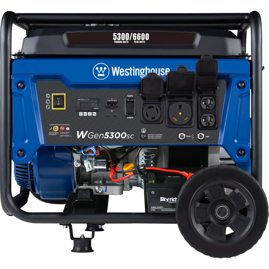 Westinghouse 6600 Peak Watt Electric Start Portable Gas Powered Generator with CO Sensor and Wheel Kit - Inhomebuy