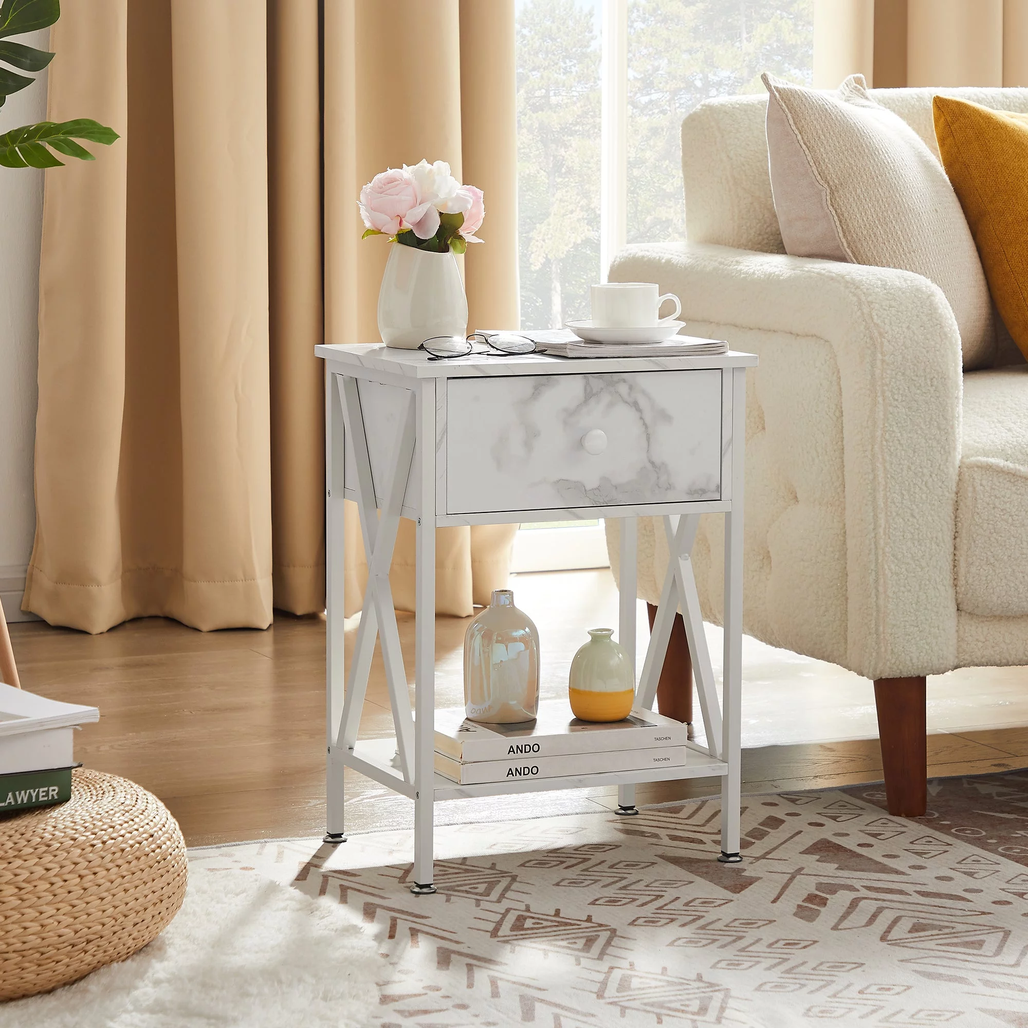 VECELO 3-Piece Bedroom Set with Queen Size Bed Frame and 1-Drawer Brown Nightstands - Inhomebuy