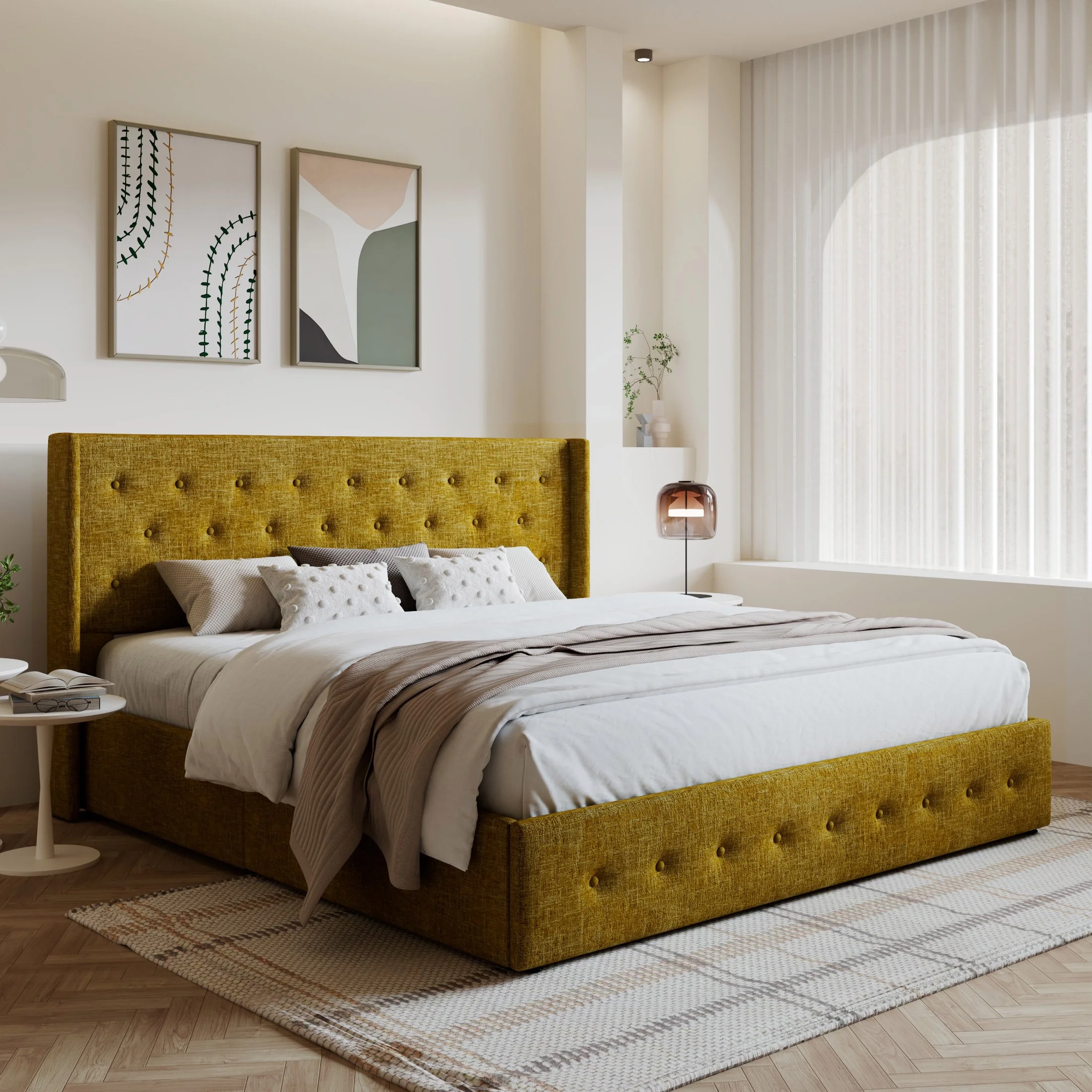 Amolife King Size Upholstered Lift up Storage Platform Bed Frame with Channel Wingback Headboard, Beige, Adult - Inhomebuy