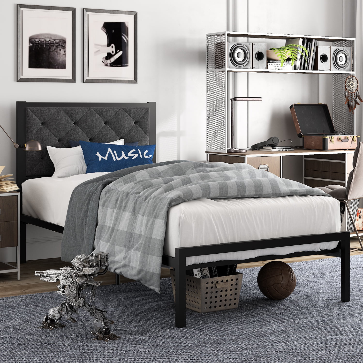 Amolife Twin Size Metal Bed Frame with Upholstered Headboard, Dark Grey - Inhomebuy