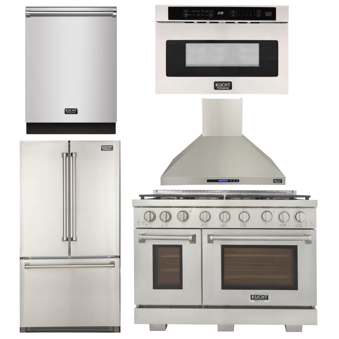Kucht Appliance Package - 48 inch Natural Gas Range in Stainless Steel, Wall Range Hood, Refrigerator, Dishwasher, and Microwave Oven, AP-KFX480-7 - Inhomebuy