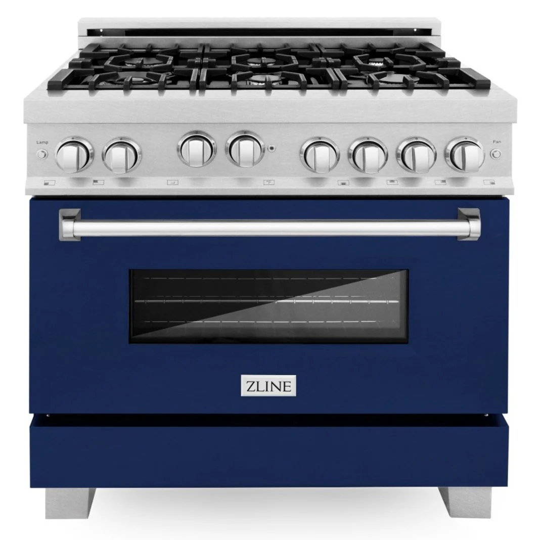 ZLINE 36 in. Professional Gas Range in DuraSnow® Stainless Steel with Blue Gloss Door, RGS-BG-36 - Inhomebuy