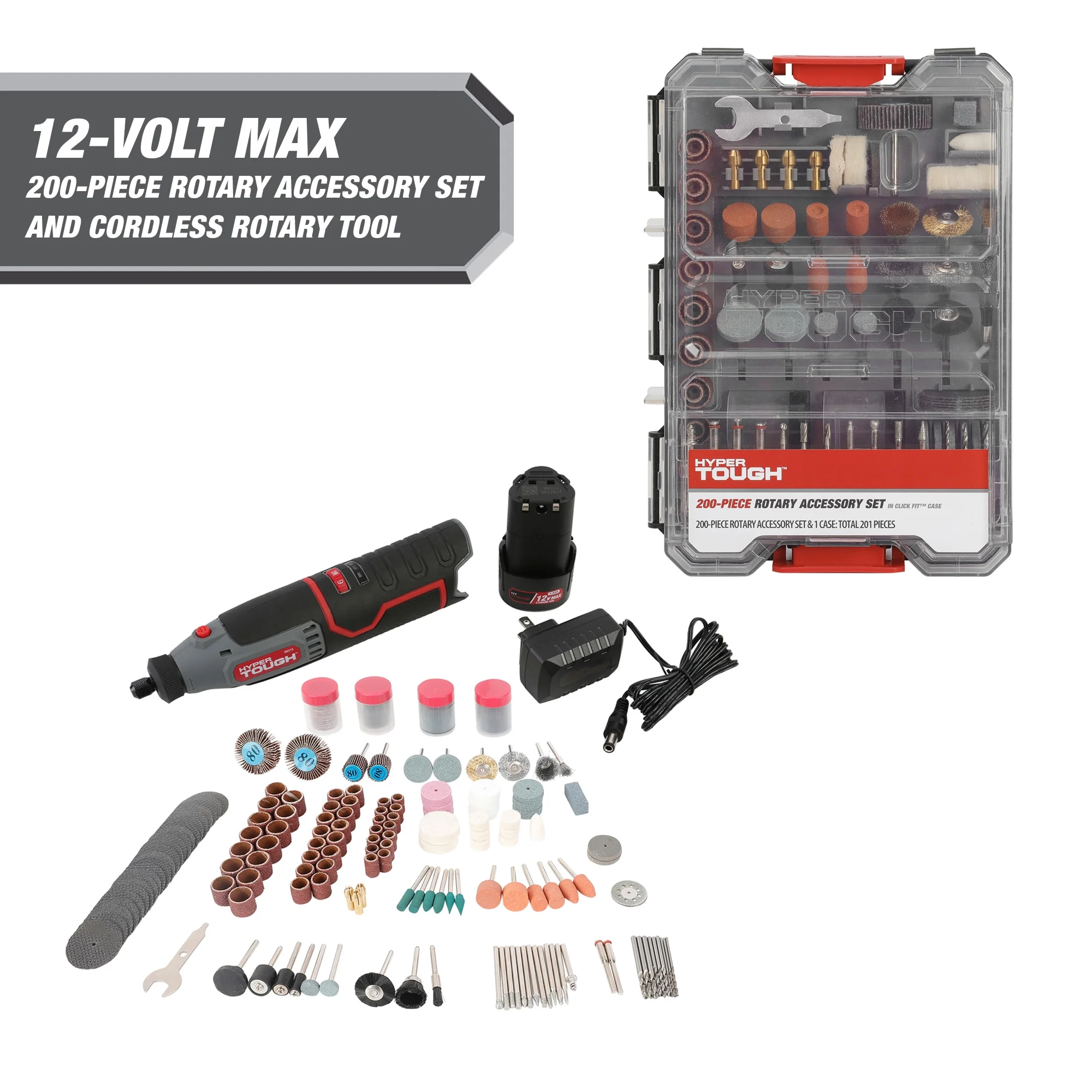 Hyper Tough 12V Max* Lit-Ion Cordless Variable Speed Rotary Tool, 40 Accessories, with 1.5Ah Battery & Charger, with Hyper Tough 200-Piece Rotary Accessory Kit in Click Fit? Case Bundle - Inhomebuy