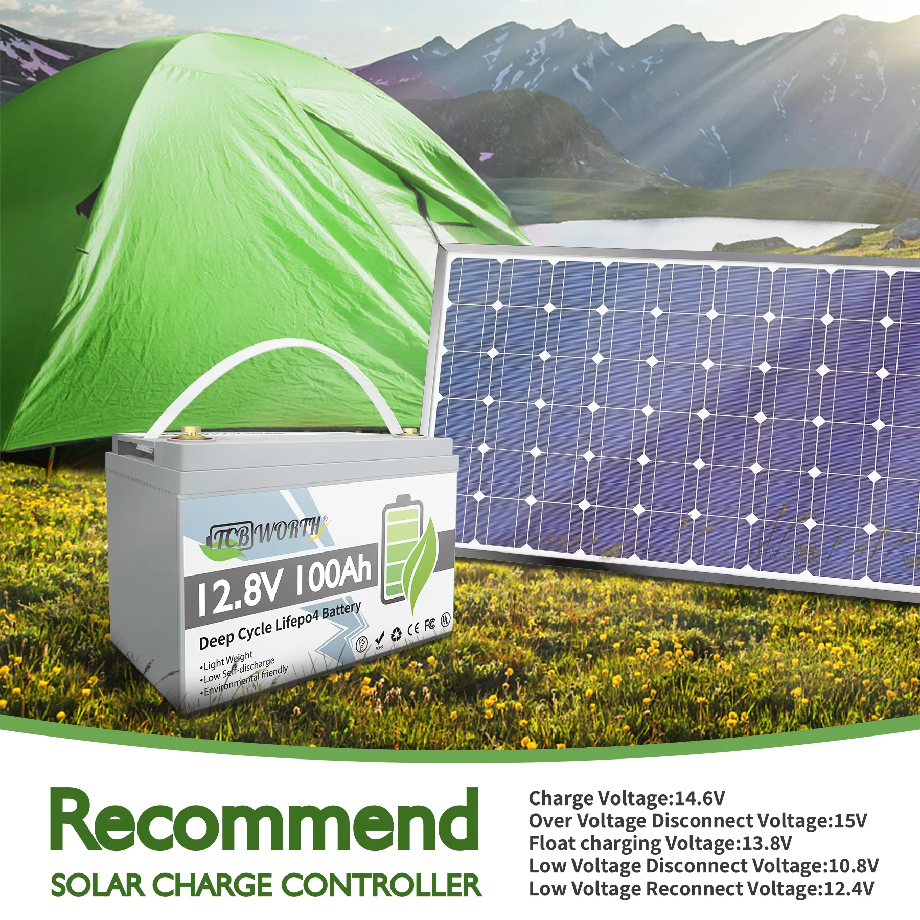 TCBWORTH LiFePO4 Battery 12V 100Ah Lithium Batteries with 100A BMS, Deep Cycle Rechargeable Lithium Iron Phosphate Battery with 14.6V 20A Lithium Charger, for Solar, Marine, Trolling Motor - Inhomebuy