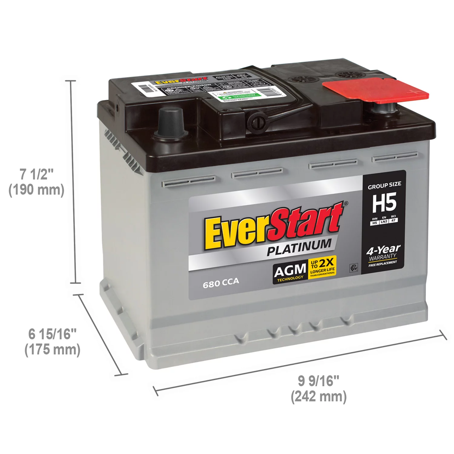 EverStart Platinum AGM Automotive Battery, Group Size H5 / LN2 / 47 12 Volt, 680 CCA - Inhomebuy