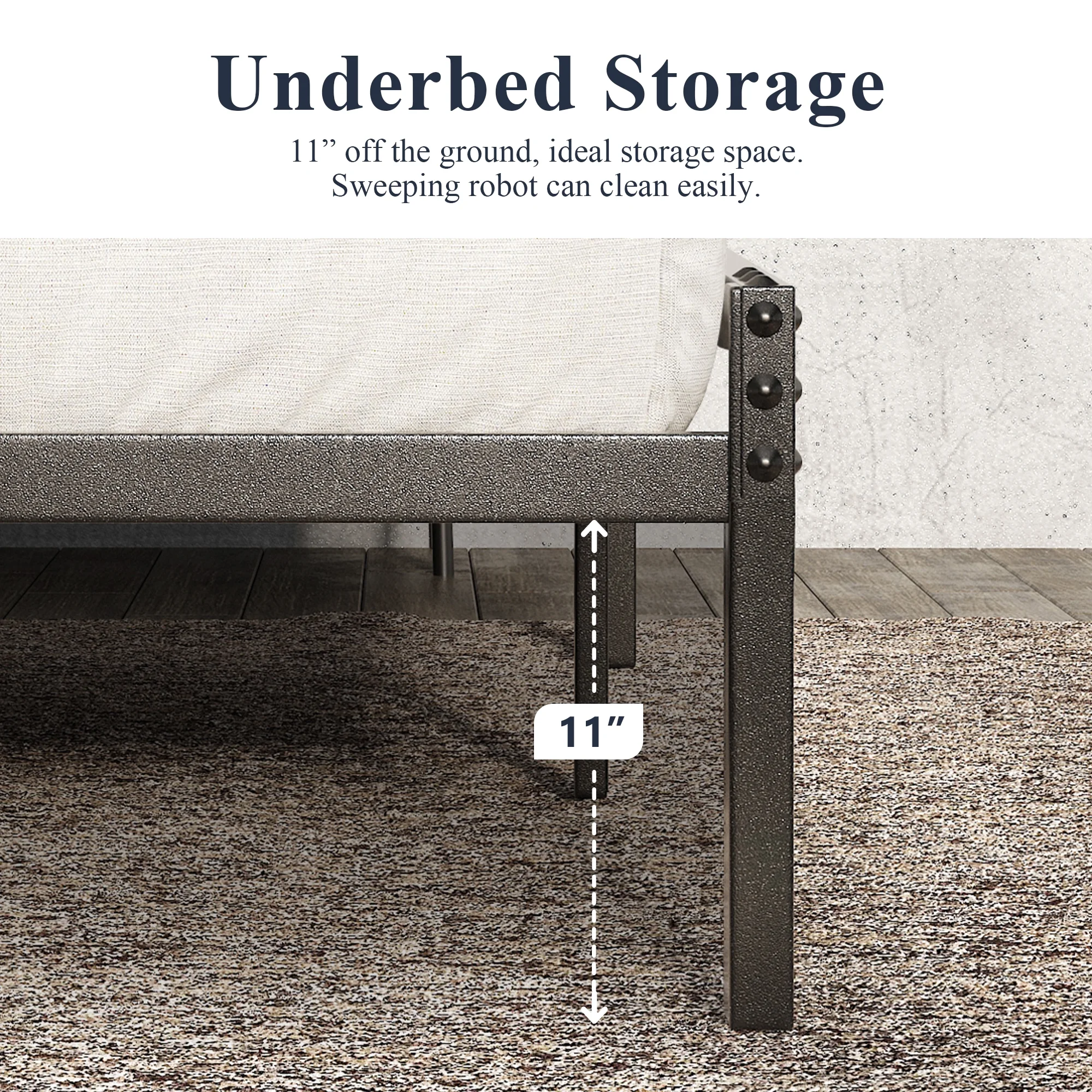 Allewie Queen Size Industrial Metal Platform Bed Frame with Wooden Rivet Headboard,  No Box Spring Needed, Brown - Inhomebuy