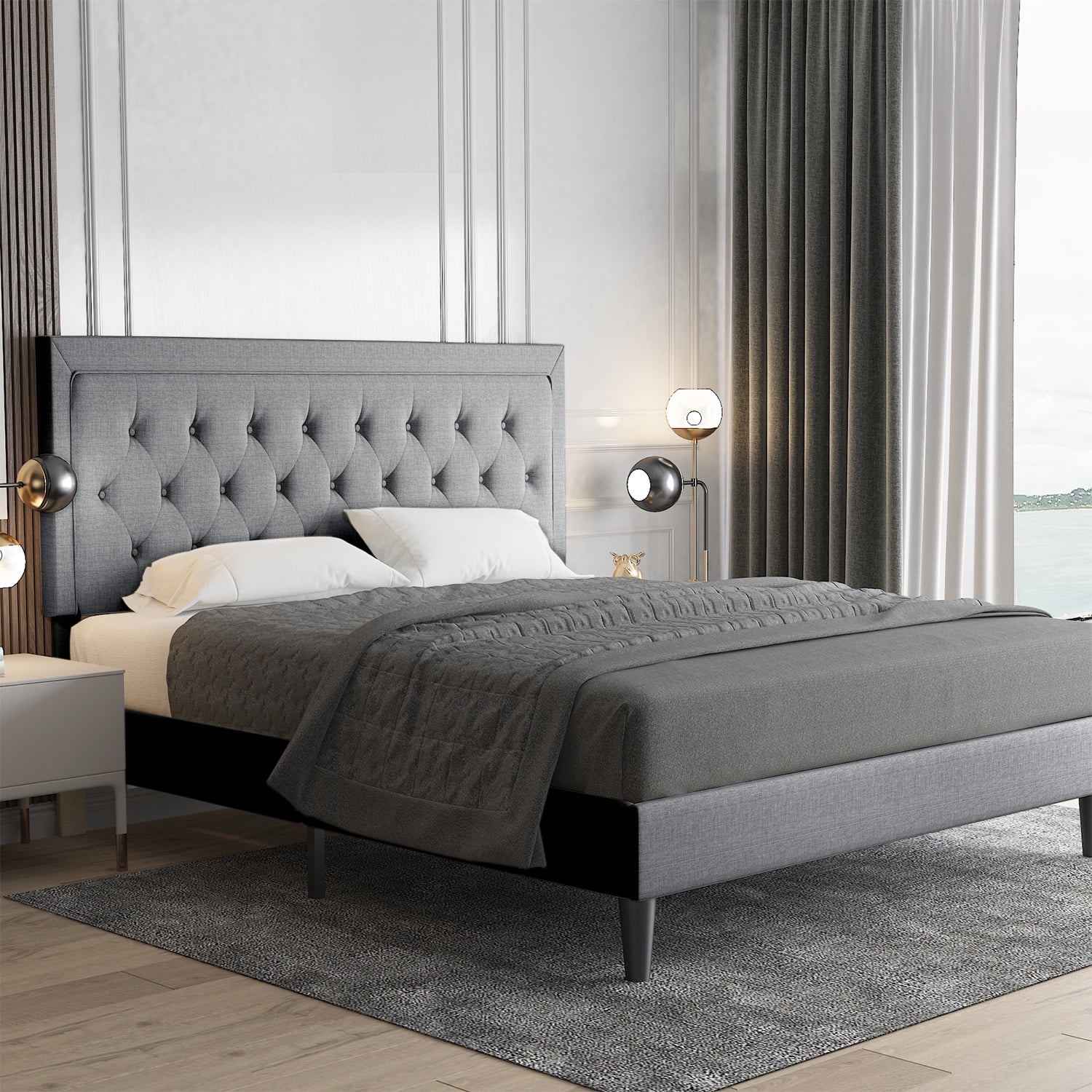 Allewie Queen Size Bed Frame Upholstered Platform Bed with Adjustable Headboard, Box Spring not Needed, Dark Grey - Inhomebuy