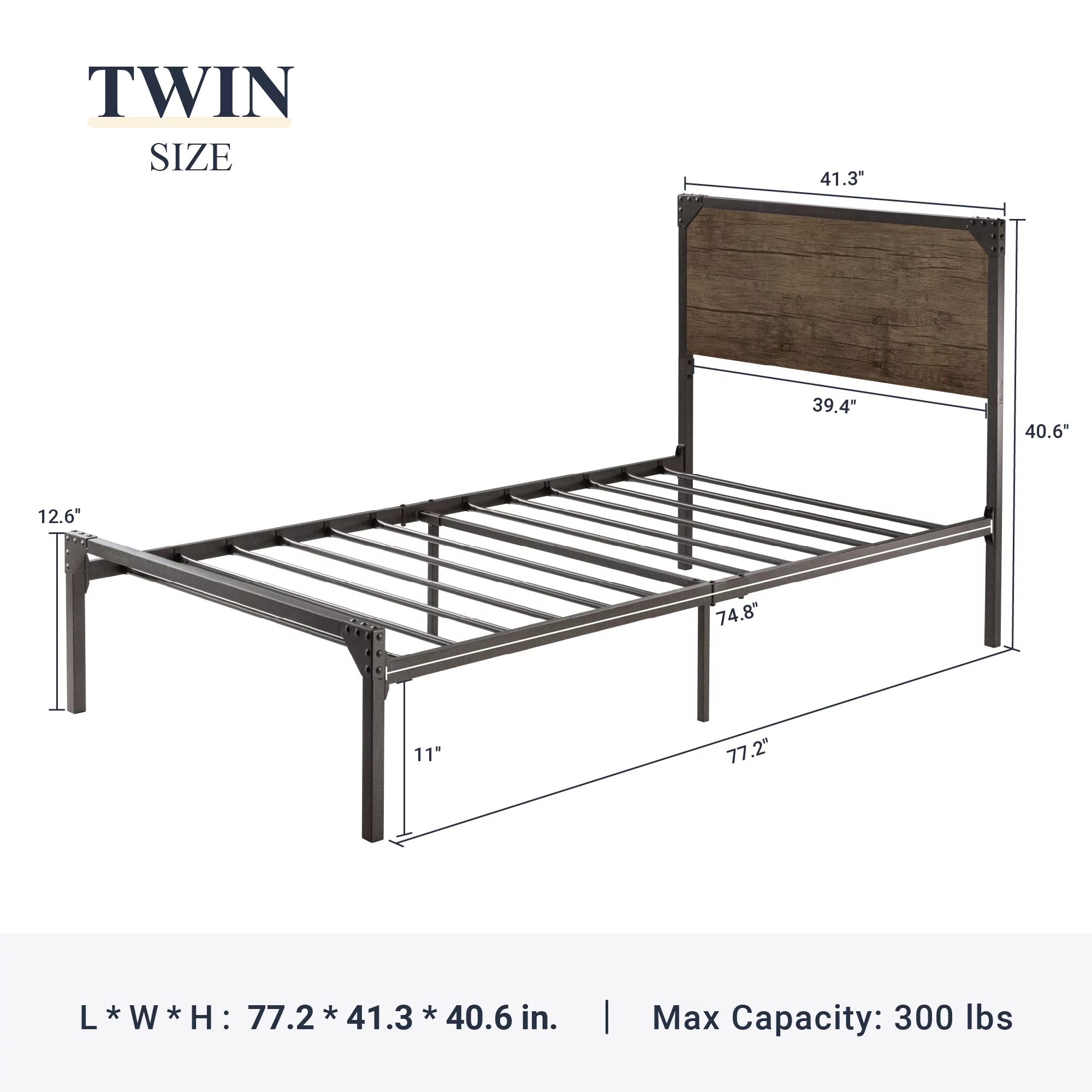 Allewie Queen Size Industrial Metal Platform Bed Frame with Wooden Rivet Headboard,  No Box Spring Needed, Brown - Inhomebuy