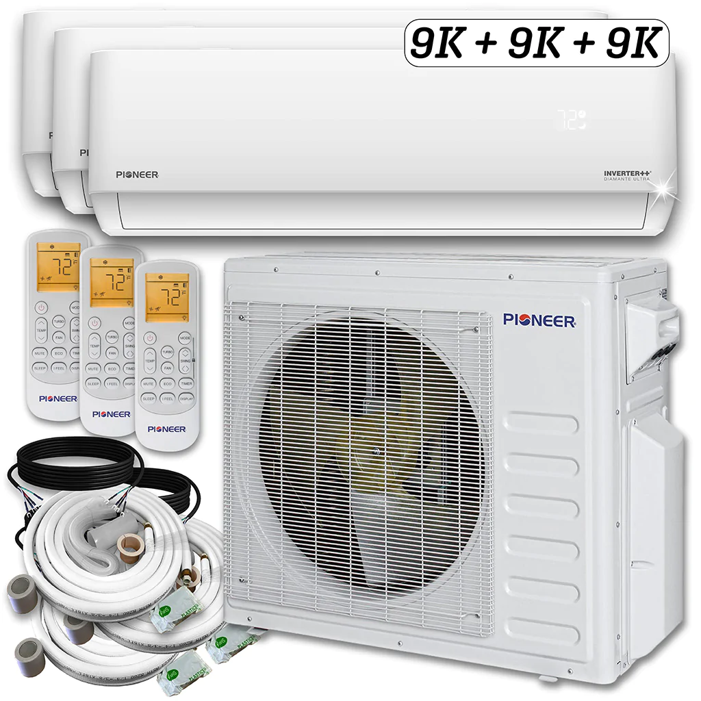 Pioneer® Mini Split 27,000 BTU 3 Zone Ductless Air Conditioner and Heat Pump with 16 ft. Kits, WYT030GLHI22M3-9W-9W-9W-16 - Inhomebuy