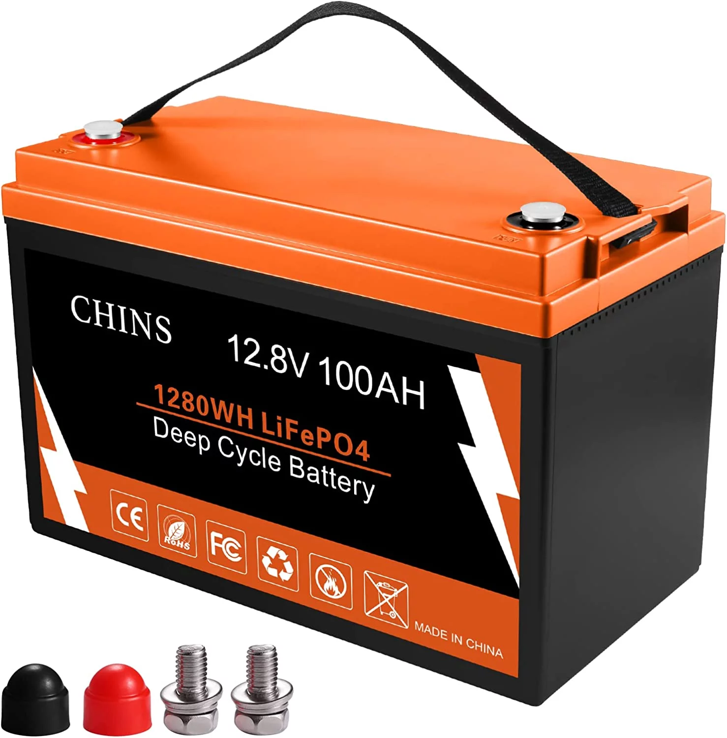 CHINS Smart LiFePO4 Lithium Iron Battery 12.8V 100Ah for Boat Fishing - Inhomebuy