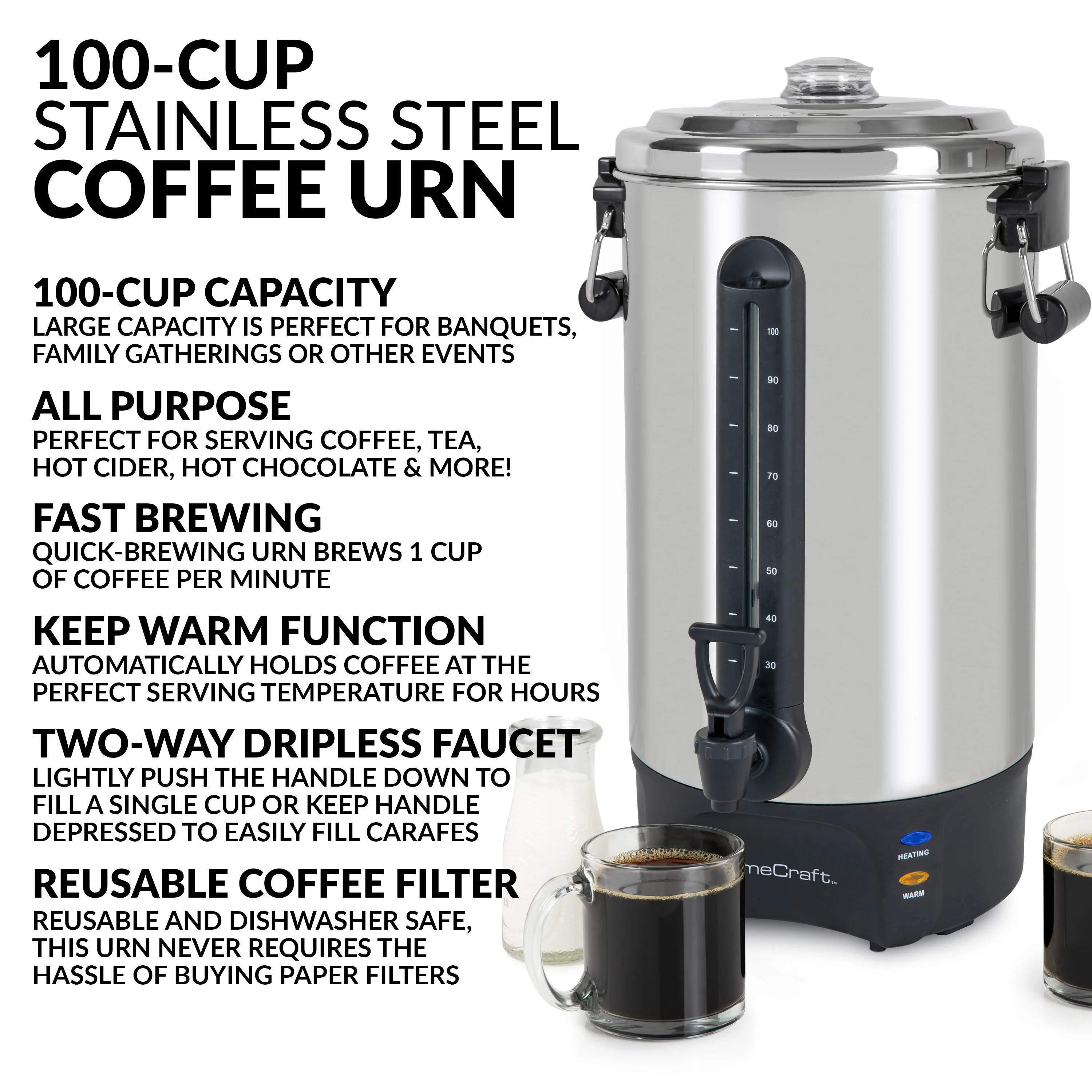 HomeCraft Quick-Brewing 1500-Watt Automatic 100-Cup Coffee Urn, Stainless Steel - Inhomebuy