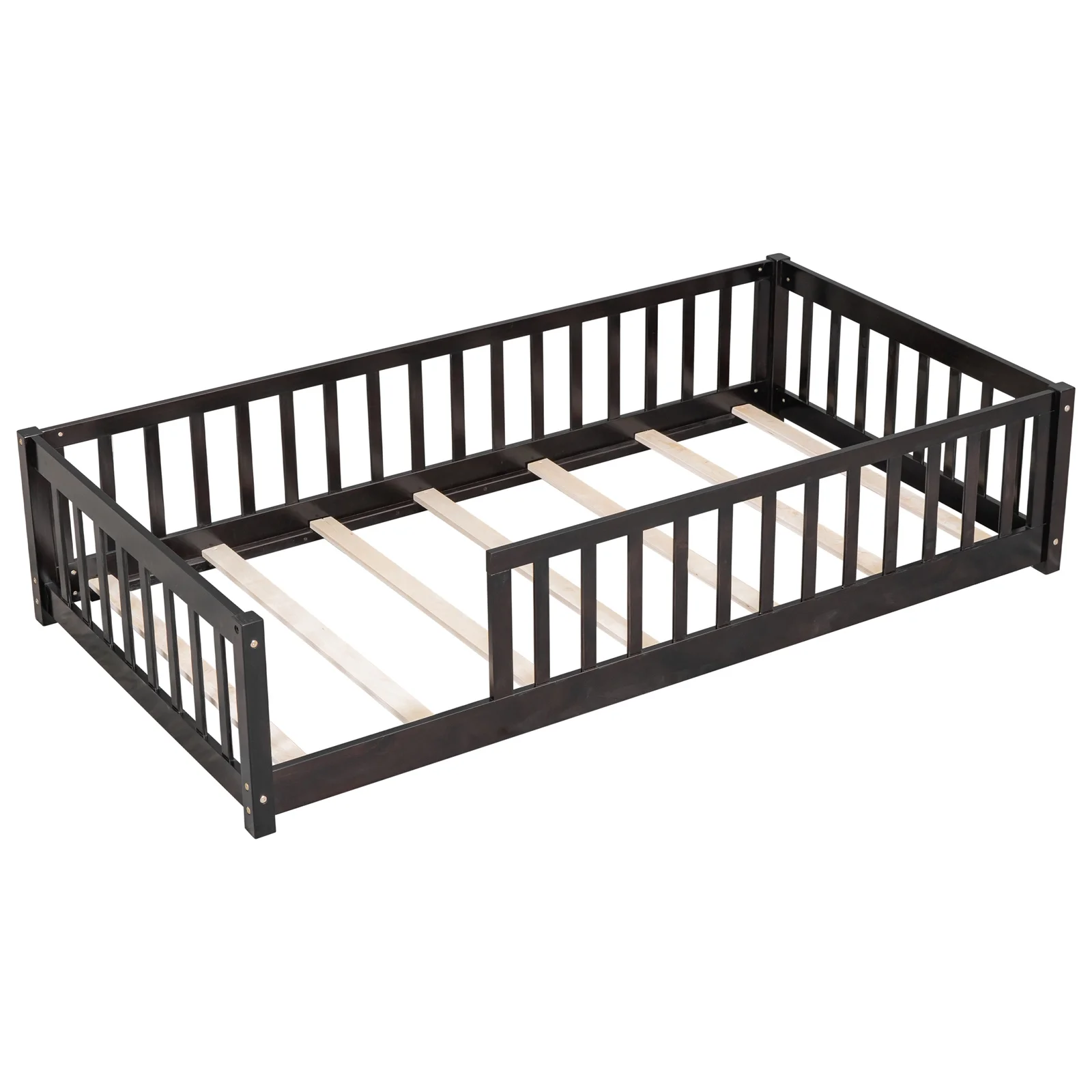 Twin Floor Bed Frame for Toddler, Montessori Floor Bed with Fence and Wood Slats, Low Wood Platform Beds for Girls Boys Kids Happy Time, White - Inhomebuy