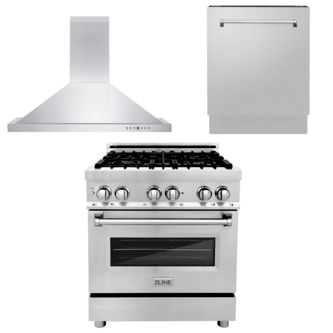 ZLINE Appliance Package - 30 in. Dual Fuel Range, Range Hood, 3 Rack Dishwasher, 3KP-RARH30-DWV - Inhomebuy