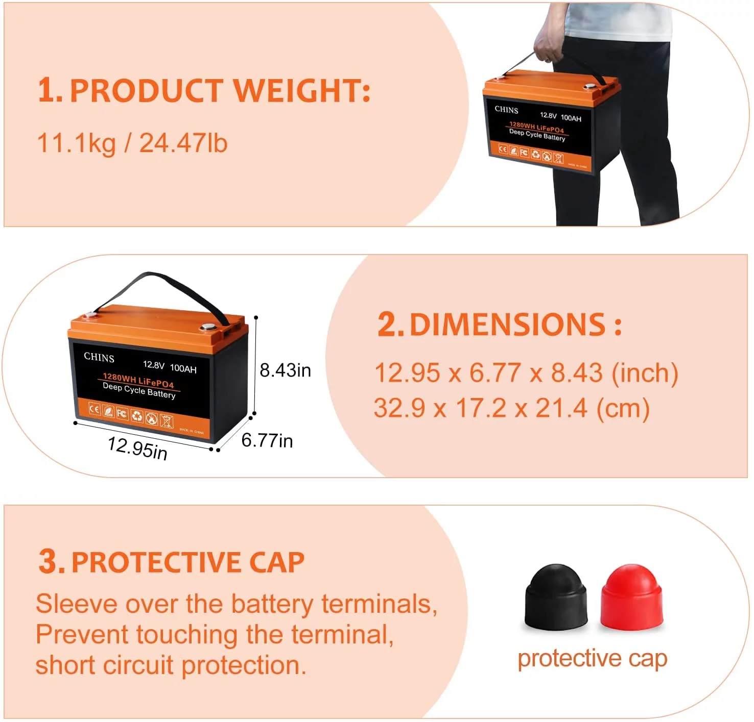 CHINS LiFePO4 Battery 12V 100AH Lithium Battery Includes 12V 10A Charger - Inhomebuy