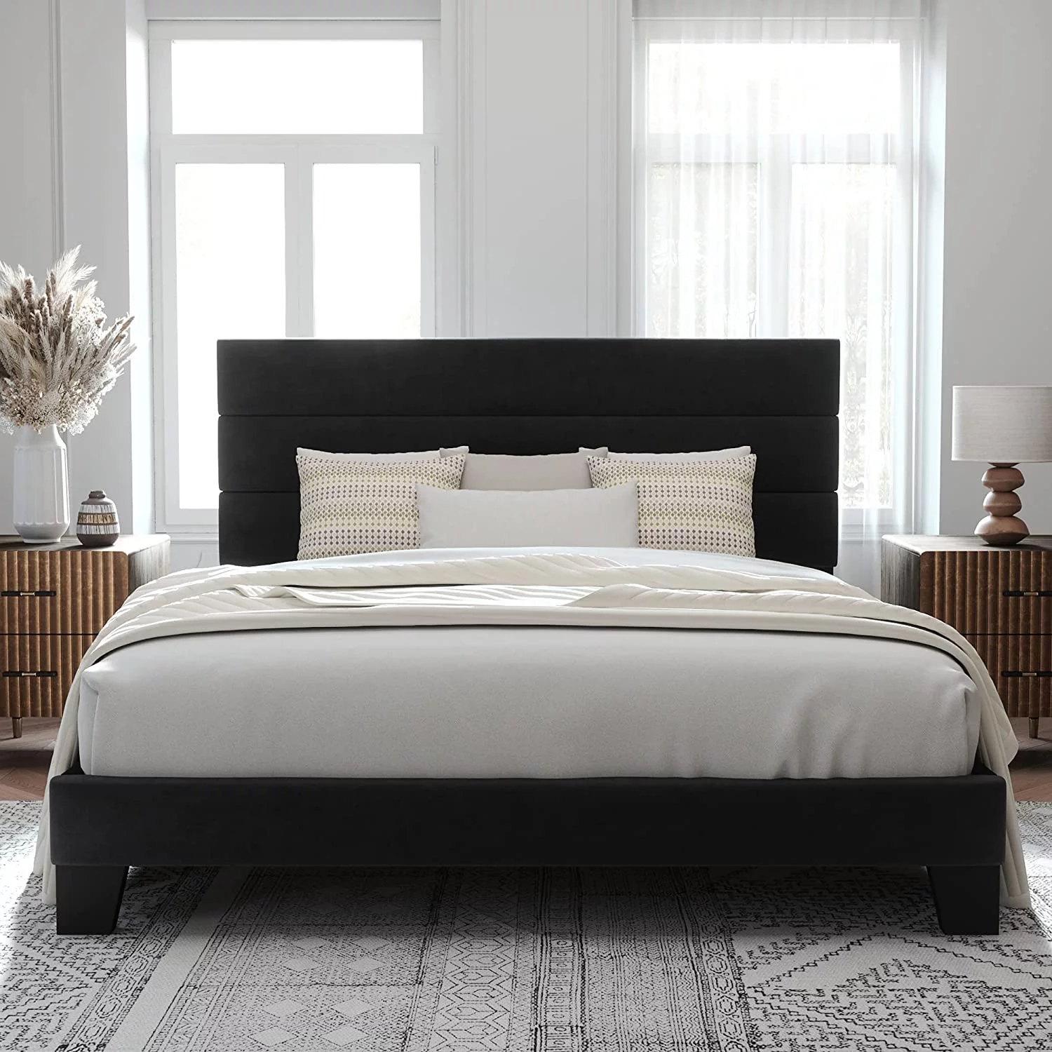 Allewie Queen Size Platform Bed Frame with Fabric Upholstered Headboard, No Box Spring Needed, Dark Grey - Inhomebuy