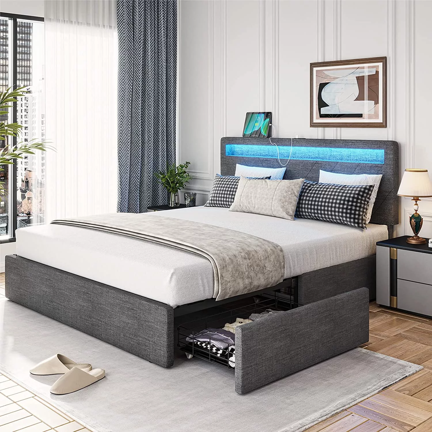 Afuhokles Queen Bed Frame with LED Lights Headboard, 4 Drawers,2 USB Charging Station, Upholstered Platform Bed, Dark Gray - Inhomebuy