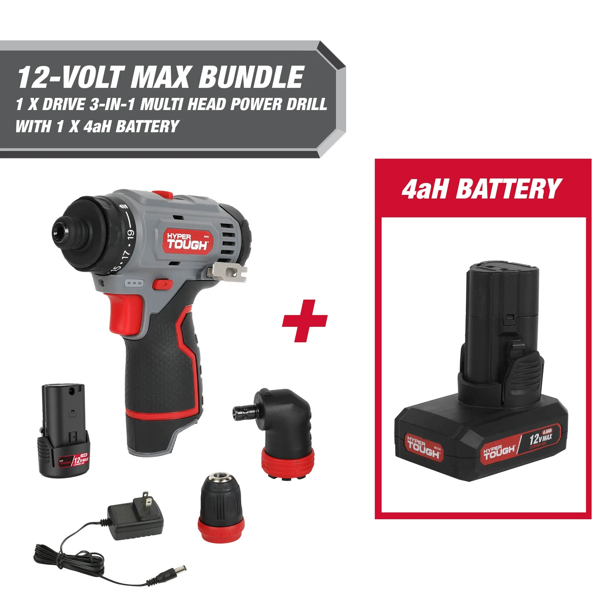 Hyper Tough 12-Volt Cordless 3 in 1 Drill Plus 4 Ah Battery - Inhomebuy