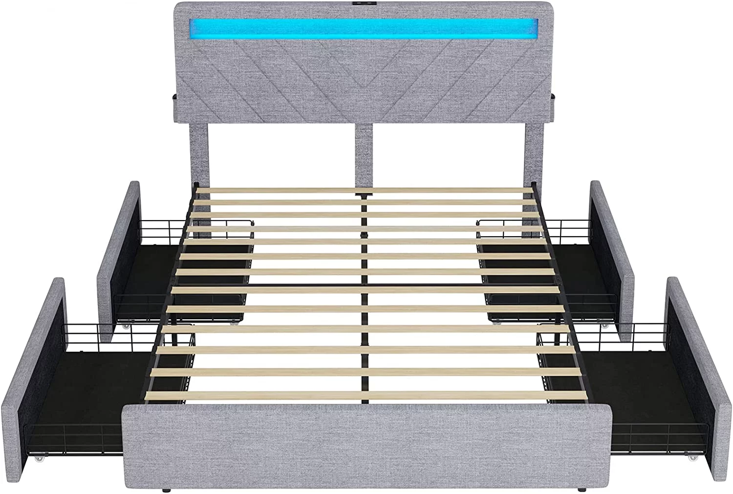 ADORNEVE Queen Size LED Bed Frame with Drawers, Upholstered Platform Bed with 2 USB Charging Station, No Box Spring Needed, Light Grey - Inhomebuy