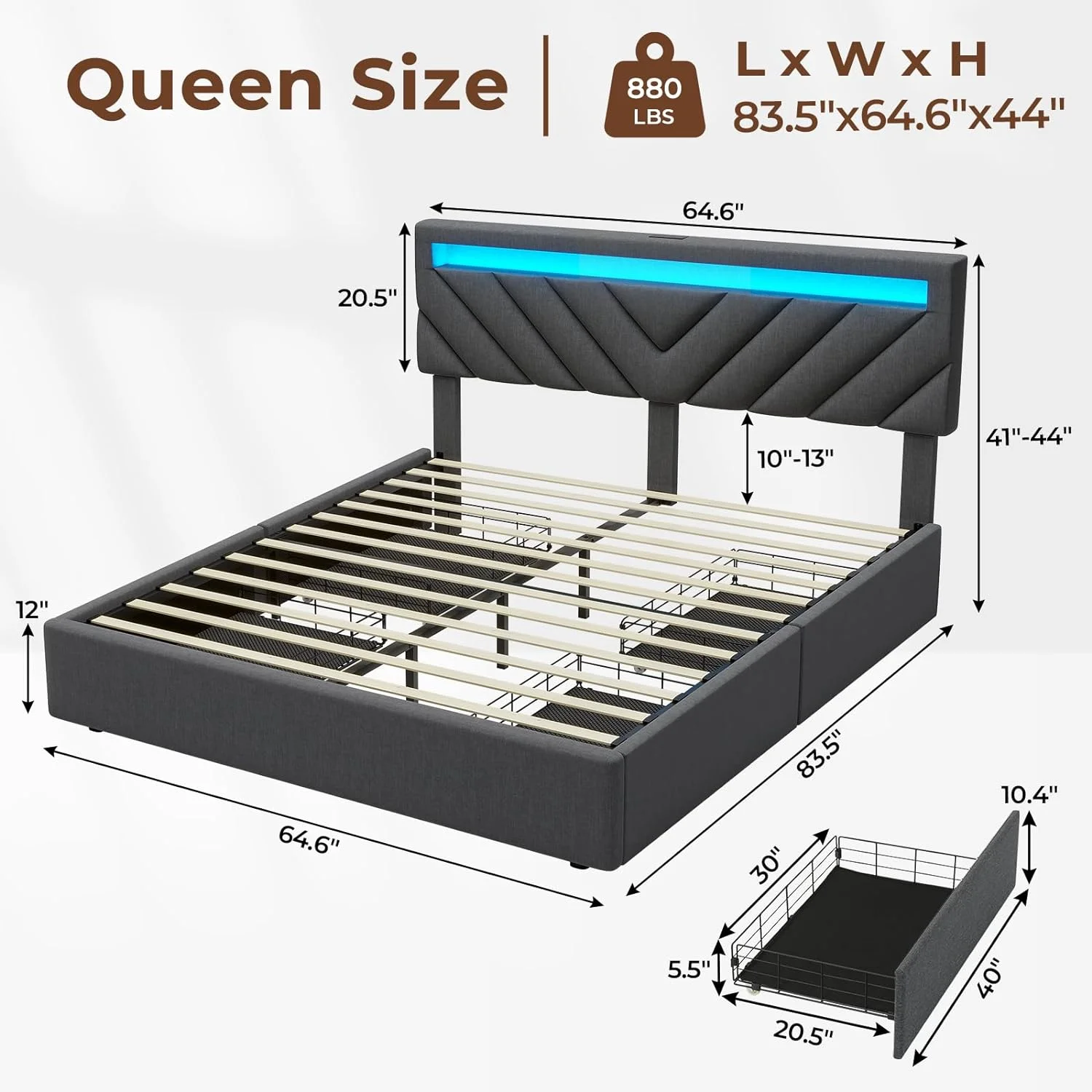 ADORNEVE Queen Size LED Bed Frame with Drawers, Upholstered Platform Bed with 2 USB Charging Station, No Box Spring Needed, Light Grey - Inhomebuy
