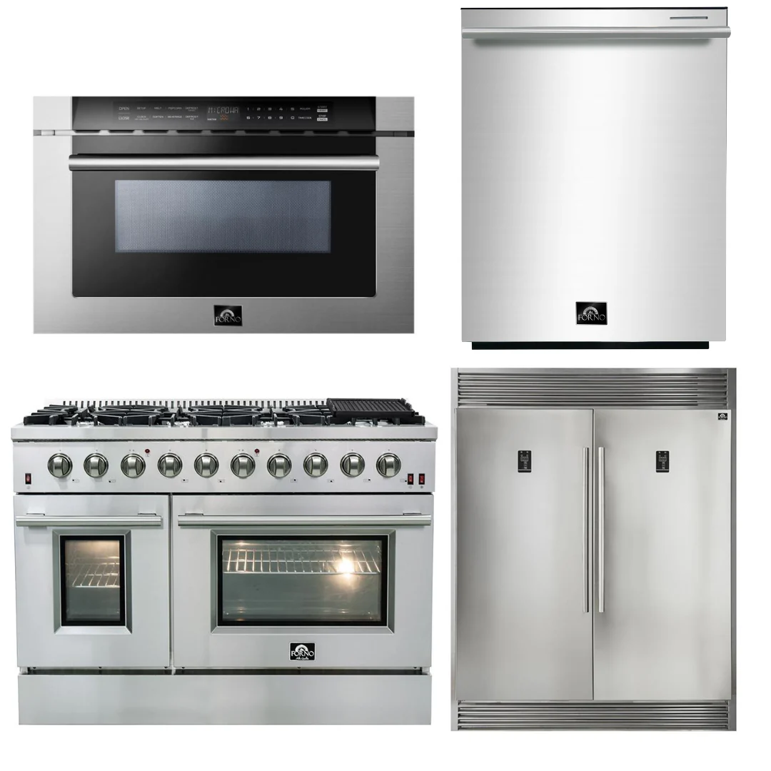 Forno Appliance Package - 48 Inch Gas Range, 60 Inch Refrigerator, Microwave Drawer, Dishwasher, AP-FFSGS6244-48-7 - Inhomebuy
