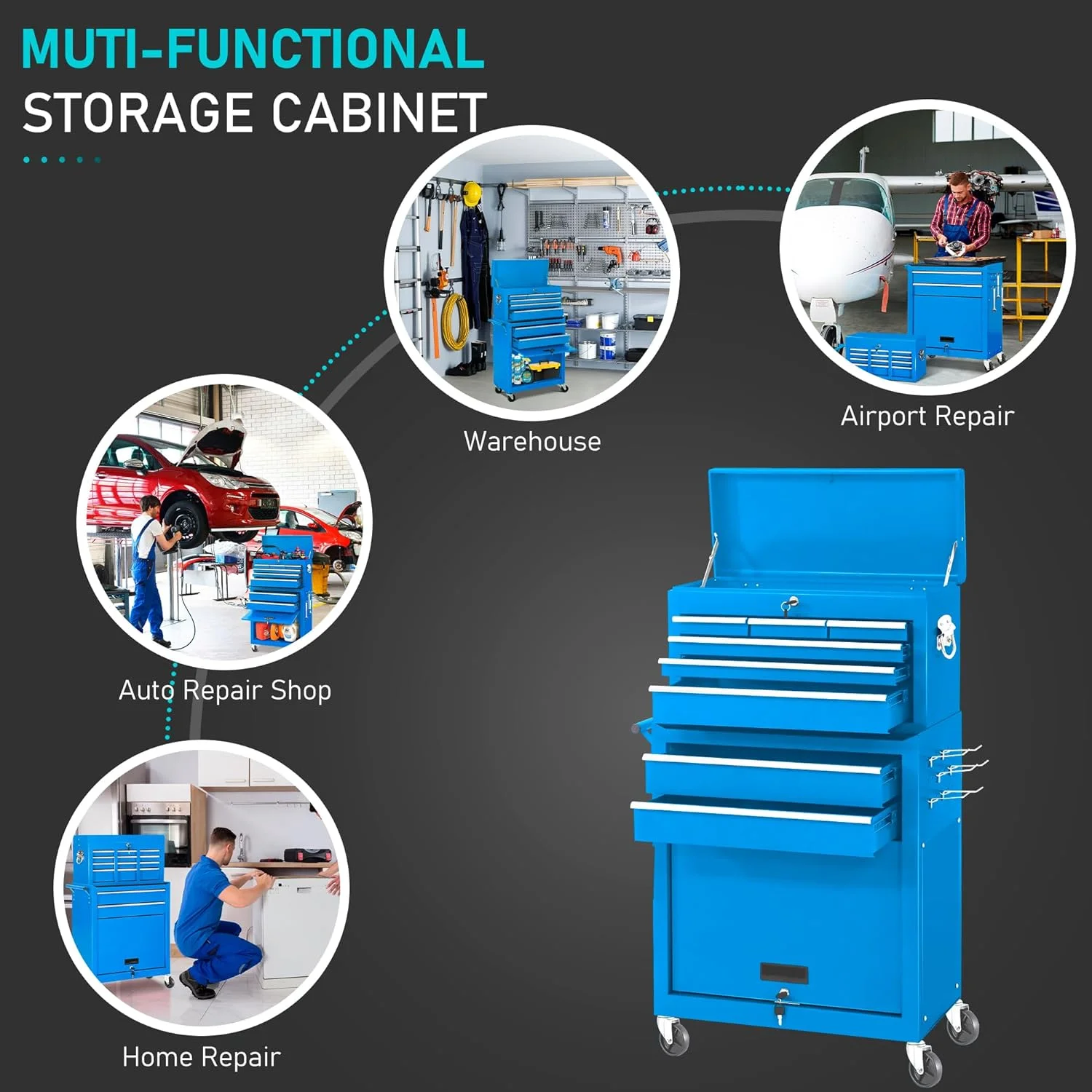 2-IN-1  Tool Chest & Cabinet, Large Capacity 8-Drawer Rolling Tool Box Organizer with Wheels Lockable Craft, Black - Inhomebuy