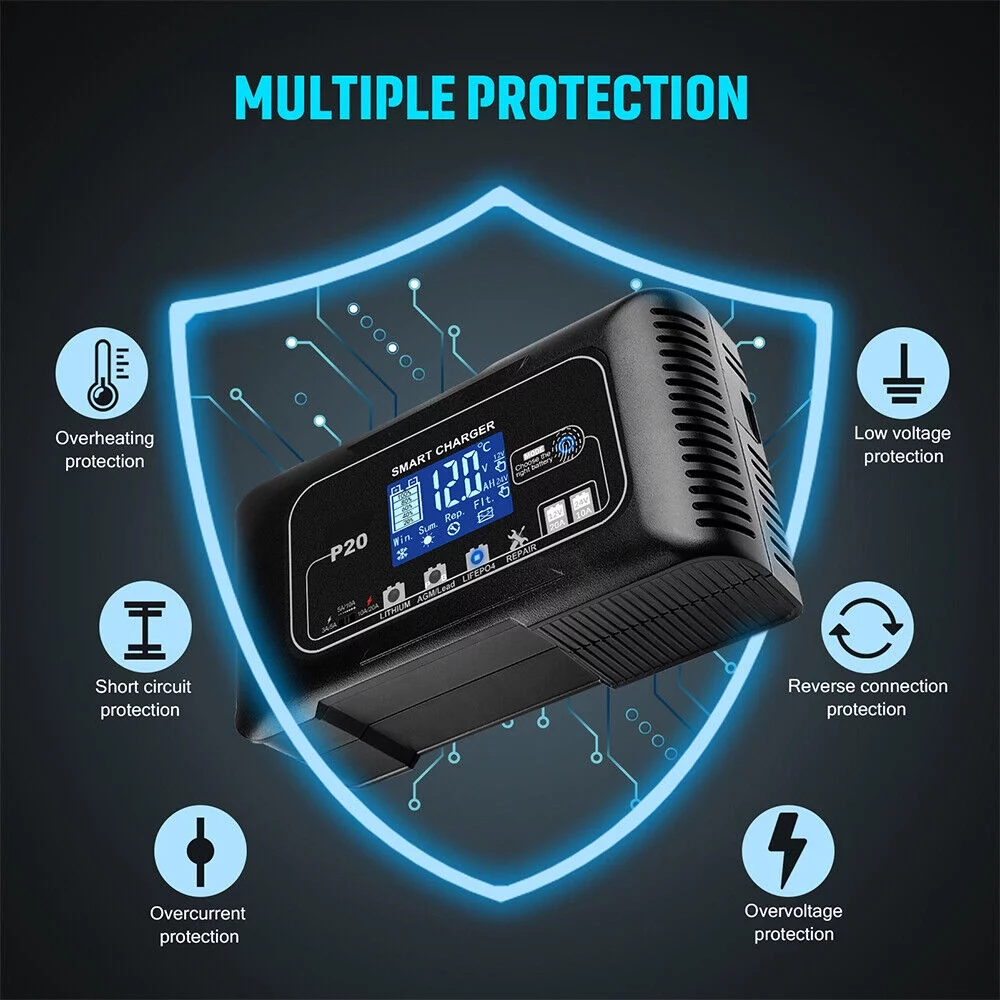 JahyShow Intelligent 12V/24V Battery Charger - Fast Charging with LCD Display, 20A Amp - Inhomebuy