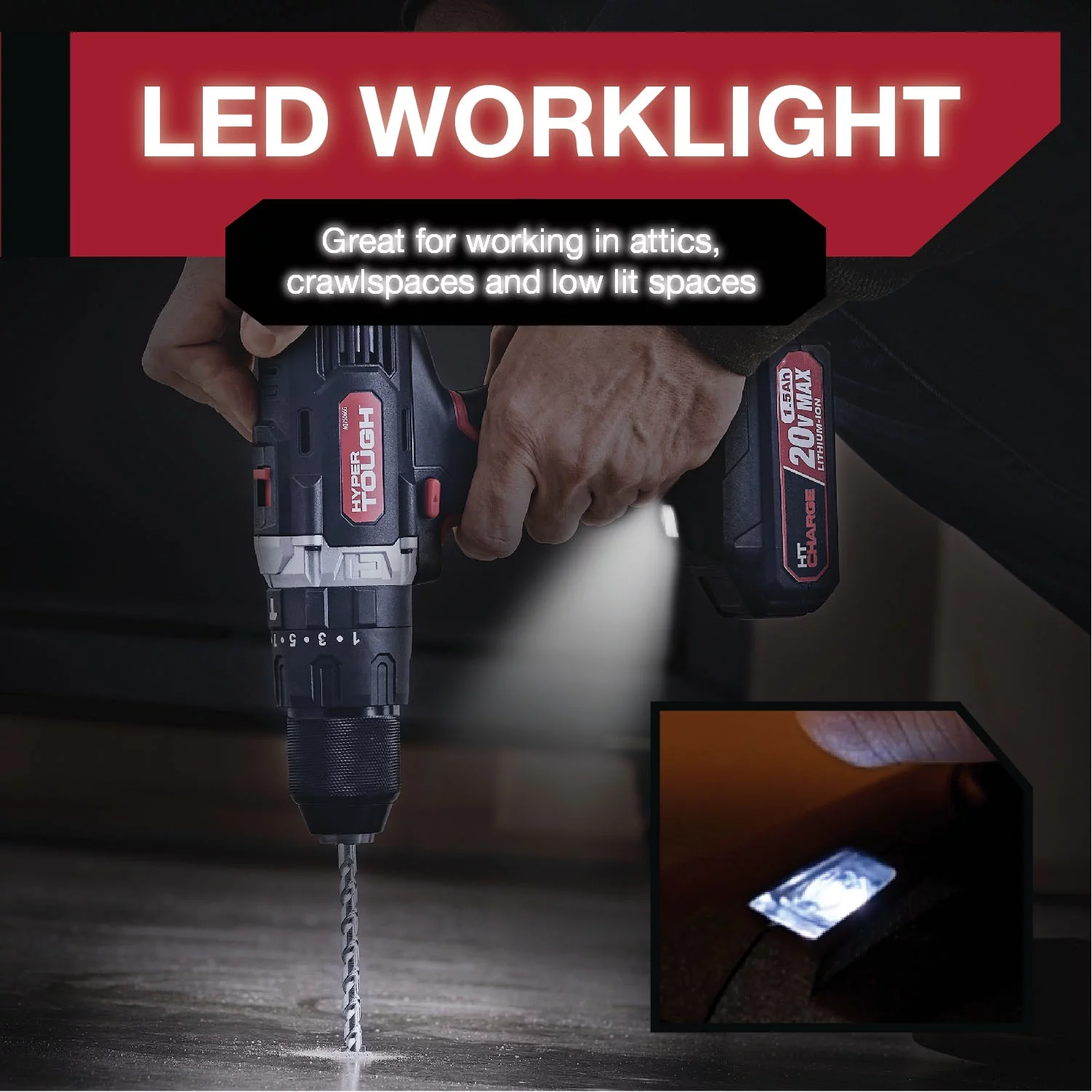 Hyper Tough 20V Max Lithium-Ion Cordless Hammer Drill, 1/2 inch Chuck, 2 Speeds with 1.5Ah Lithium-ion Battery & Charger, Bit Holder & LED Light - Inhomebuy