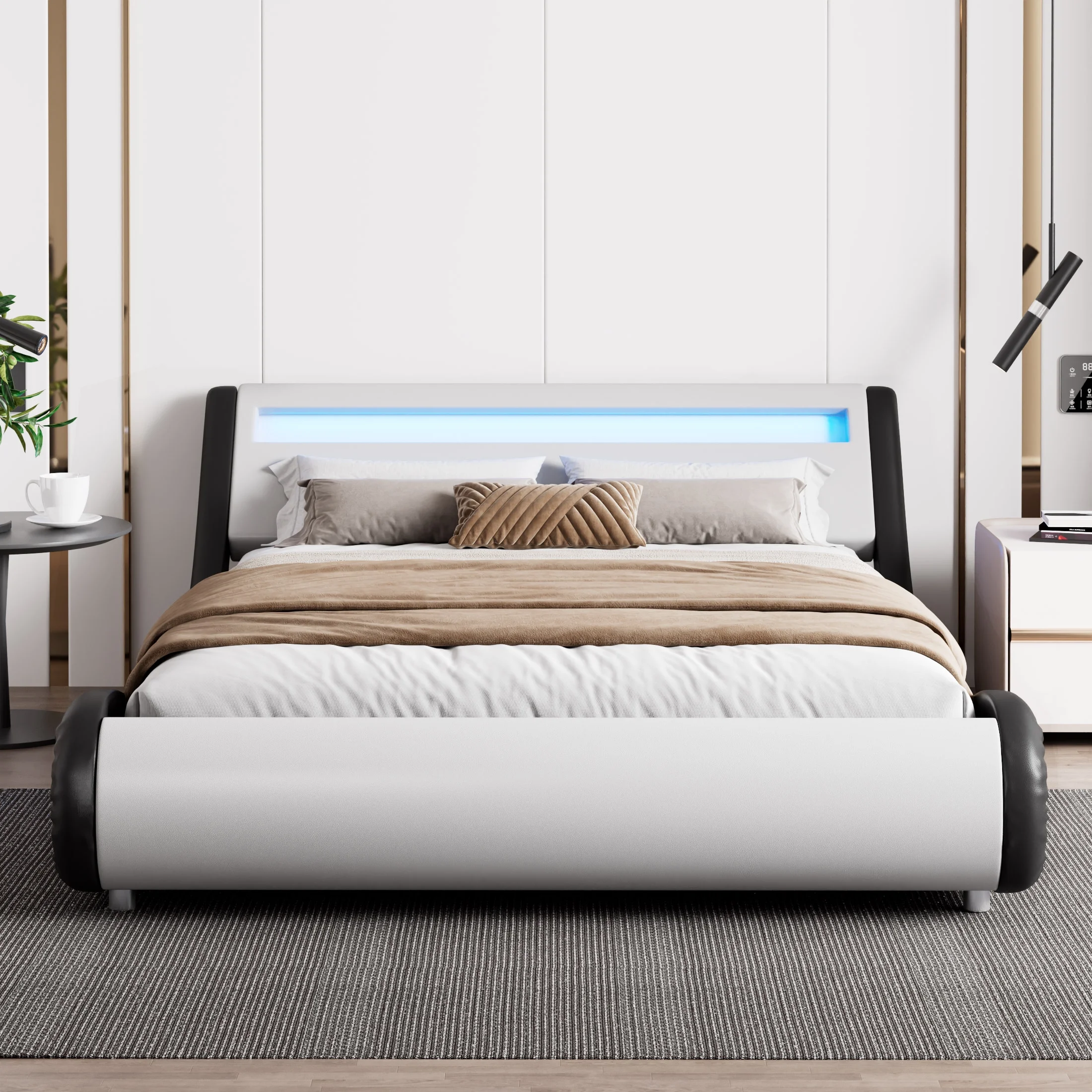 Amolife Queen Size Wave-Like Curve Deluxe Upholstered Modern Bed Frame with LED Headboard, Black - Inhomebuy