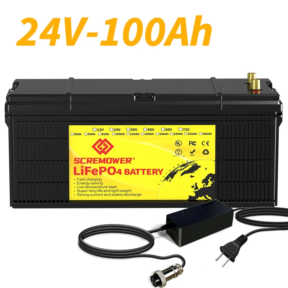 SCREMOWER 24V 100Ah LiFePO4 Battery, 2560Wh Lithium Battery with 100A BMS for Solar Pannel, Marine, RV,Camping, 10 Years Lifespan,15000 Cycles,DIY Battery System - Inhomebuy