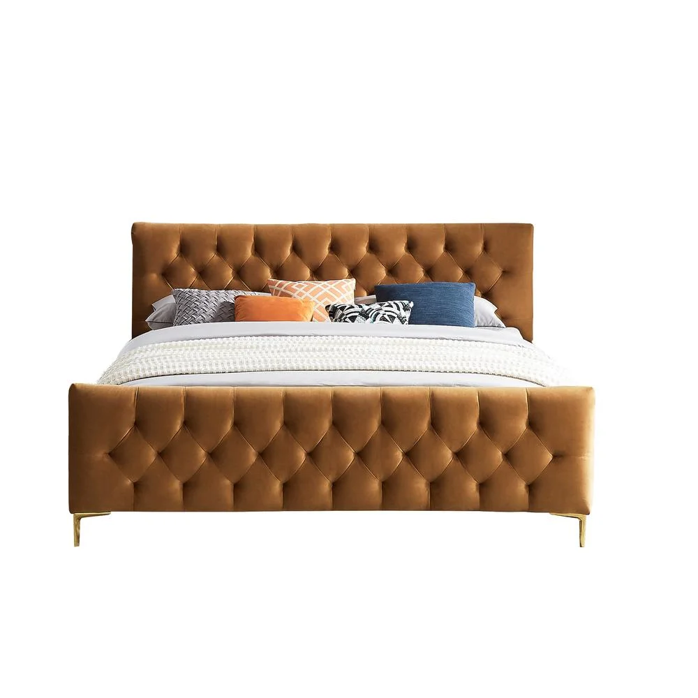 Bella Mid-Century Modern Velvet Upholstered King Platform Bed in Tan - Inhomebuy