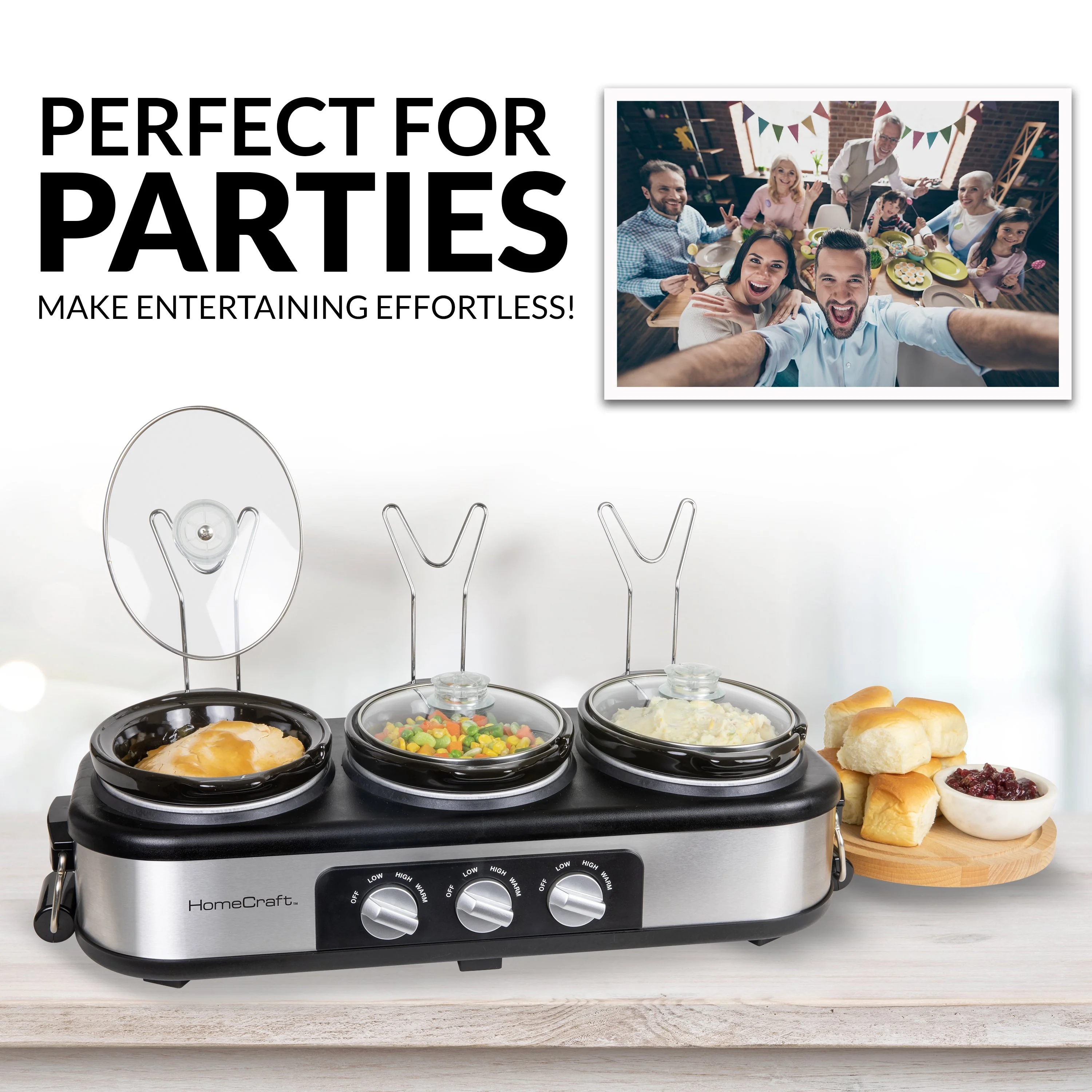 HomeCraft�?3-Station 1.5-Quart Oval Slow Cooker Buffet, Stainless Steel - Inhomebuy