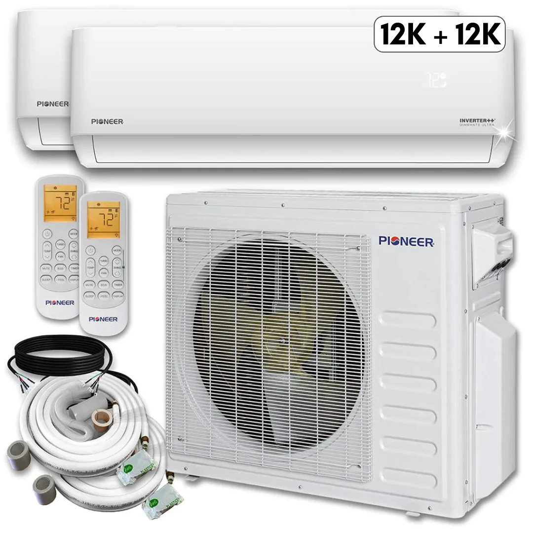 Pioneer® Mini Split 24,000 BTU 2 Zone Ductless Air Conditioner and Heat Pump with 25 ft. Kits, WYT030GLHI22M3-12W-12W-25 - Inhomebuy