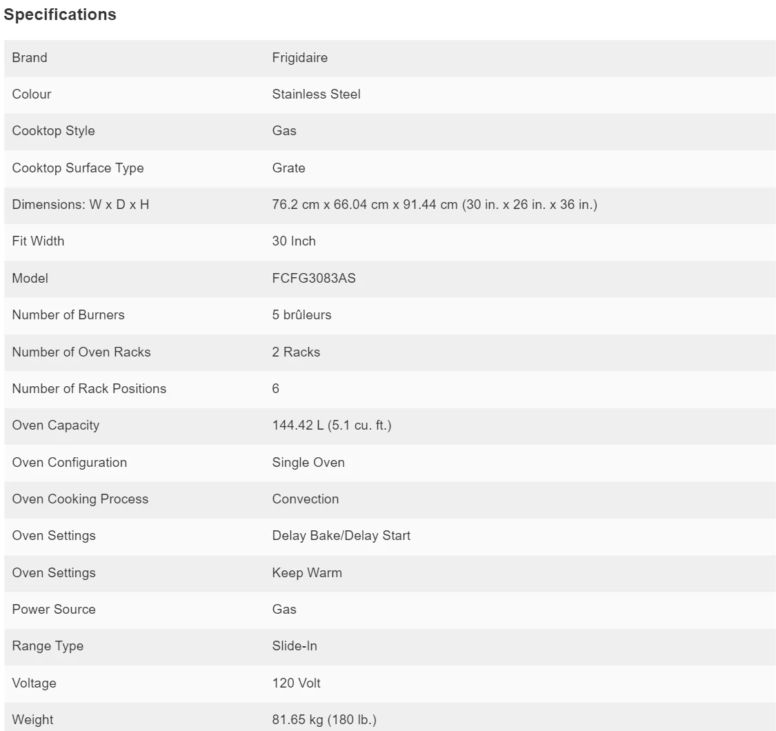 FRIGIDAIRE 30 IN. 5.1 CU FT. STAINLESS STEEL GAS 5-BURNER RANGE WITH CONVECTION BAKE - FCFG3083AS - Inhomebuy