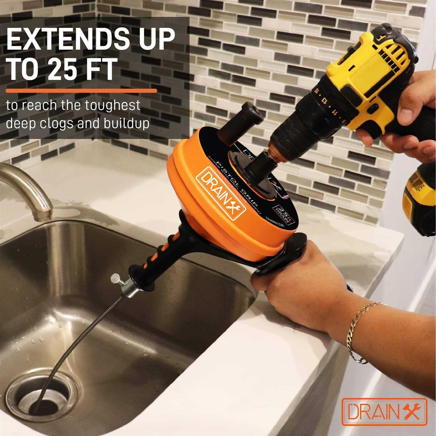 Drainx Heavy-Duty-Steel Pro Drum Drain Auger, 25 Ft., with Work Gloves and Carrying Pouch - Inhomebuy