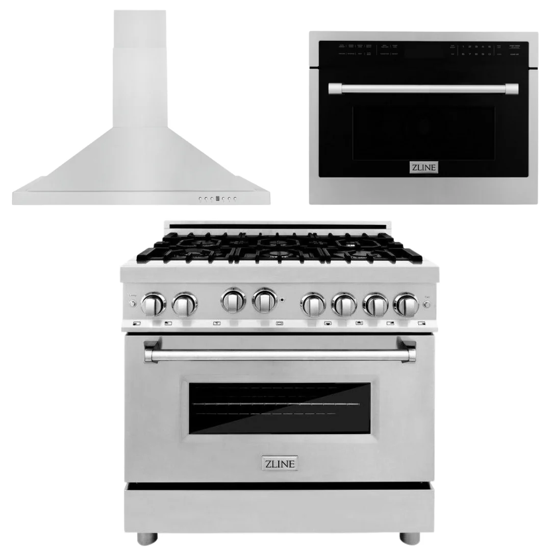 ZLINE Appliance Package - 36 In. Gas Range, Range Hood, Microwave Oven in Stainless Steel, 3KP-RGRHMWO-36 - Inhomebuy