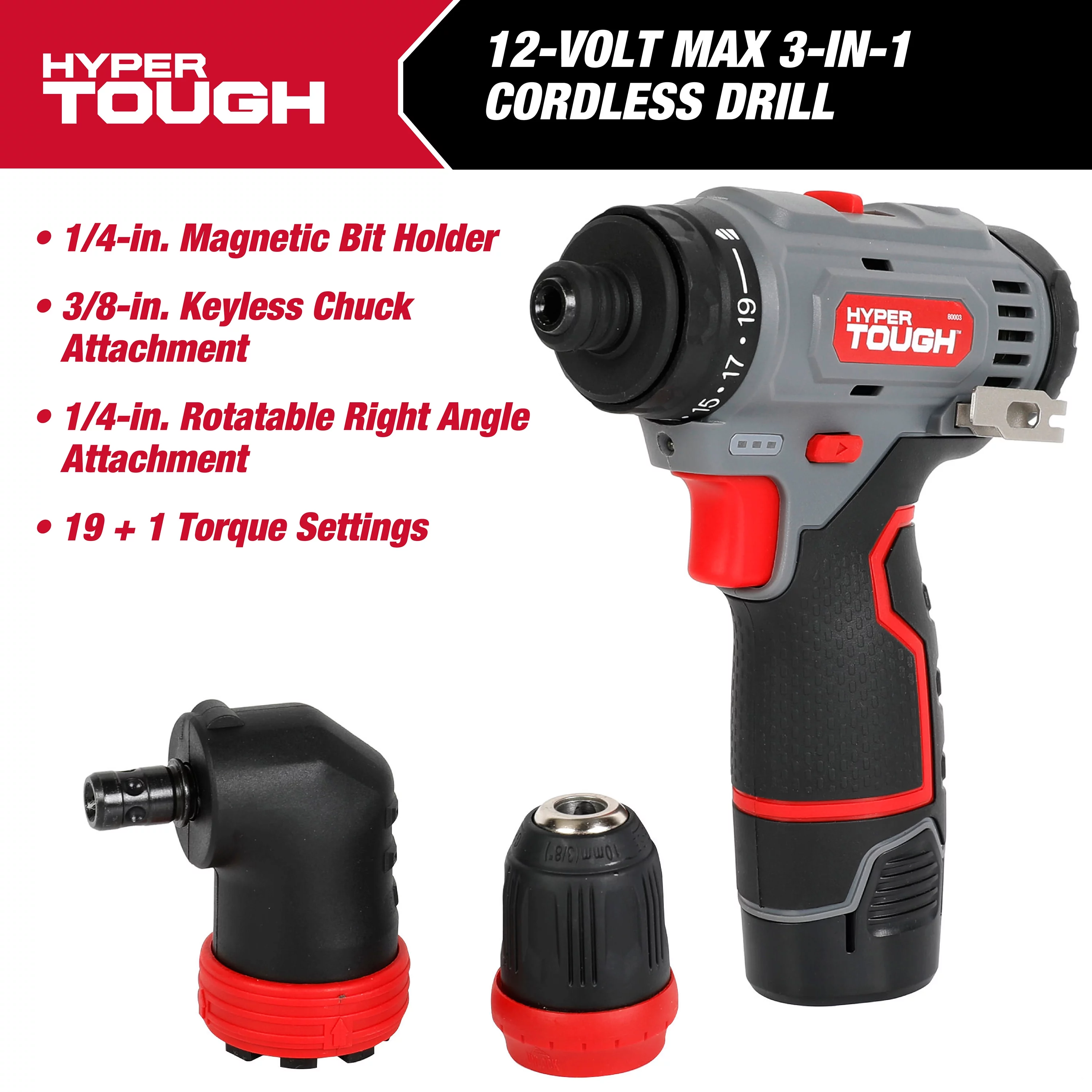 Hyper Tough 12V Max Lithium-Ion 3-in-1 Multi-Head Power Drill Set with 1.5Ah Battery and Charger, 80003 - Inhomebuy